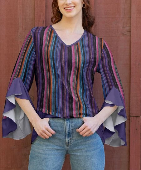 Lily | Purple & Orange Stripe Bell-Sleeve V-Neck Tunic - Women & Plus 1 Lily | Purple & Orange Stripe Bell-Sleeve V-Neck Tunic - Women & Plus