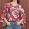 Lily | Red & White Floral Bell-Sleeve V-Neck Tunic - Women & Plus