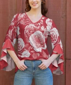 Lily | Red & White Floral Bell-Sleeve V-Neck Tunic - Women & Plus