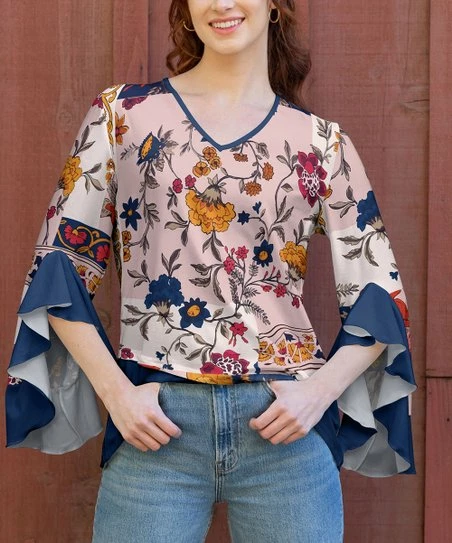 Lily | Pink & Blue Floral Bell-Sleeve V-Neck Tunic - Women & Plus 1 Lily | Pink & Blue Floral Bell-Sleeve V-Neck Tunic - Women & Plus