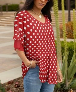 Lily | Red & White Polka Dot Ruffle Long-Sleeve V-Neck Tunic - Women & Plus