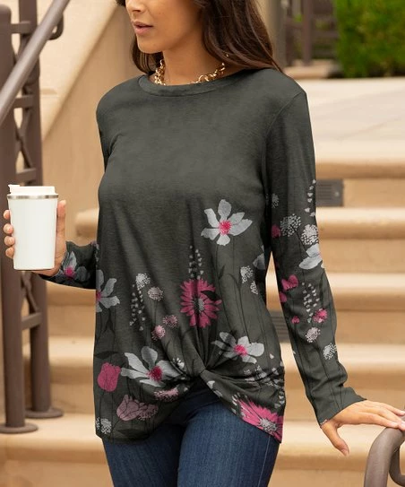 Lily | Gray & Pink Floral Twist-Front Crewneck Tunic - Women & Plus 1 Lily | Gray & Pink Floral Twist-Front Crewneck Tunic - Women & Plus