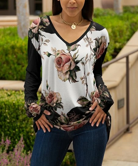 Lily | Black & White Floral Long-Sleeve V-Neck Tunic - Women & Plus 1 Lily | Black & White Floral Long-Sleeve V-Neck Tunic - Women & Plus