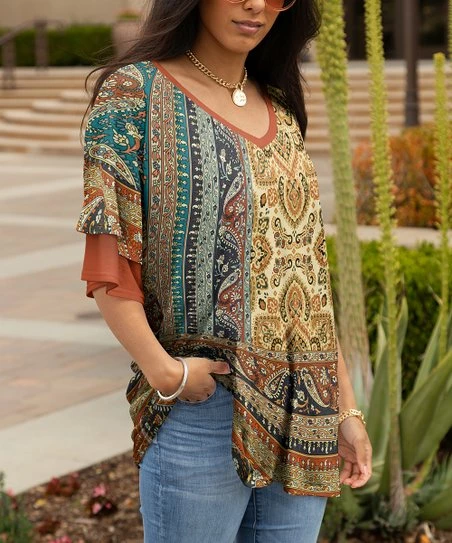 Lily | Brown & Gold Paisley Ruffle Long-Sleeve V-Neck Tunic - Women & Plus 1 Lily | Brown & Gold Paisley Ruffle Long-Sleeve V-Neck Tunic - Women & Plus