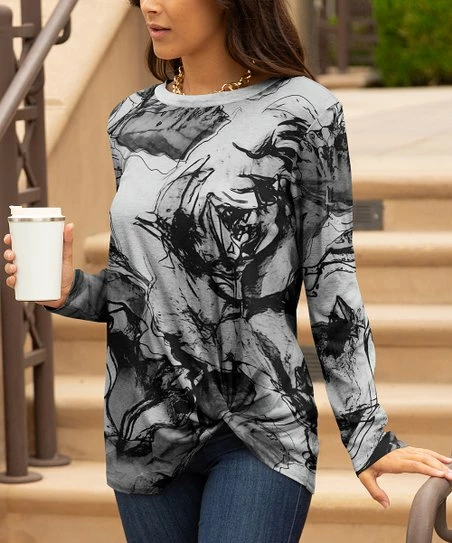 Lily | White & Gray Abstract Twist-Front Crewneck Tunic - Women & Plus 1 Lily | White & Gray Abstract Twist-Front Crewneck Tunic - Women & Plus