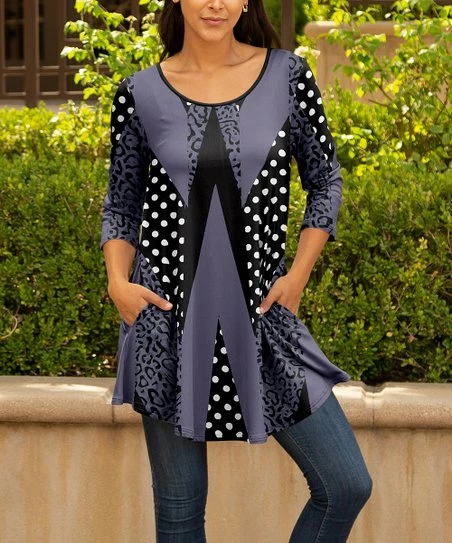 Lily | Black & Purple Polka Dot Abstract Pocket Three Quarter-Sleeve Scoop Neck Tunic - Women & Plus 1 Lily | Black & Purple Polka Dot Abstract Pocket Three Quarter-Sleeve Scoop Neck Tunic - Women & Plus