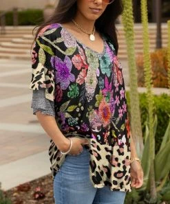 Lily | Gray & Purple Floral Leopard Ruffle Long-Sleeve V-Neck Tunic - Women & Plus