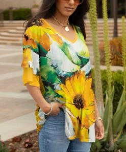 Lily | Yellow & White Floral Ruffle Long-Sleeve V-Neck Tunic - Women & Plus