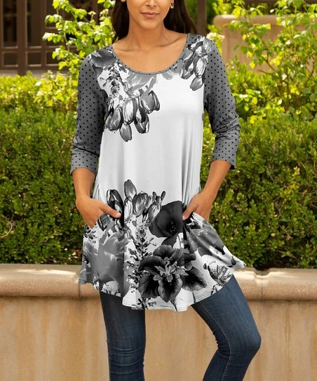 Lily | Gray & White Floral Pocket Three Quarter-Sleeve Scoop Neck Tunic - Women & Plus 1 Lily | Gray & White Floral Pocket Three Quarter-Sleeve Scoop Neck Tunic - Women & Plus