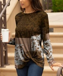 Lily | Brown & White Patchwork Floral Twist-Front Crewneck Tunic - Women & Plus