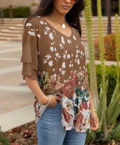 Lily | Brown & Gray Floral Ruffle Long-Sleeve V-Neck Tunic - Women & Plus