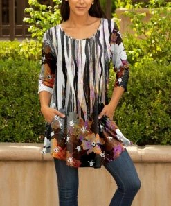 Lily | Rust & Black Abstract Floral Pocket Three Quarter-Sleeve Scoop Neck Tunic - Women & Plus