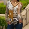 Lily | Brown & White Pin Dot Stripe Patchwork Long-Sleeve V-Neck Tunic - Women & Plus