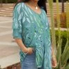 Lily | Turquoise & Aqua Floral Leaves Ruffle Long-Sleeve V-Neck Tunic - Women & Plus