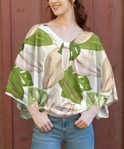 Lily | White & Green Tropical Leaf Keyhole-Accent Cape-Sleeve Tunic - Women & Plus