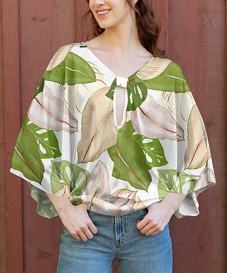 Lily | White & Green Tropical Leaf Keyhole-Accent Cape-Sleeve Tunic - Women & Plus 1 Lily | White & Green Tropical Leaf Keyhole-Accent Cape-Sleeve Tunic - Women & Plus