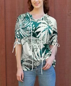 Lily | Teal & Cream Palm Leaf Ruffle-Collar Drawstring Tie-Sleeve Tunic - Women & Plus