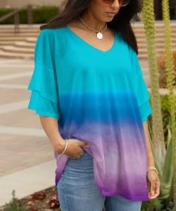 Lily | Aqua & Purple Ombré Layered-Sleeve V-Neck Tunic - Women & Plus
