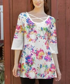Lily | White & Pink Abstract Crisscross-Accent Trumpet-Sleeve Tunic - Women & Plus