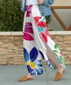 Lily | White Multicolor Floral Split-Leg Palazzo Pants - Women & Plus