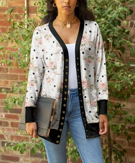 Lily | White & Black Floral Pocket Snap-Up Cardigan - Women & Plus 1 Lily | White & Black Floral Pocket Snap-Up Cardigan - Women & Plus