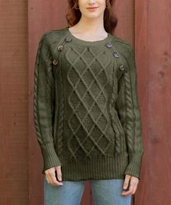 Lily | Army Green Button-Accent Cable-Knit Sweater - Women & Plus