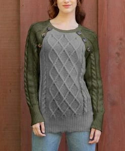 Lily | Army Green & Gray Button-Accent Cable-Knit Sweater - Women & Plus
