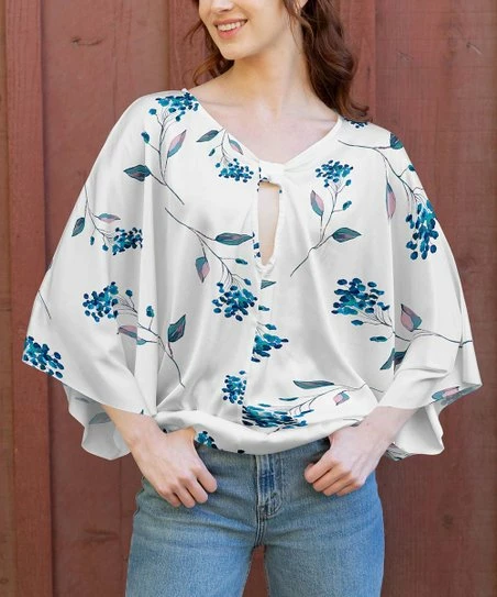 Lily | White & Blue Floral Cape-Sleeve Keyhole Tunic - Women & Plus 1 Lily | White & Blue Floral Cape-Sleeve Keyhole Tunic - Women & Plus