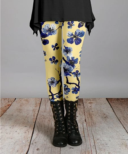 Lily | Yellow & Blue Cherry Blossom Leggings - Women & Plus 1 Lily | Yellow & Blue Cherry Blossom Leggings - Women & Plus