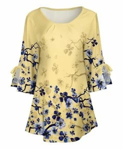 Lily | Yellow & Blue Cherry Blossom Bow-Accent Three-Quarter Sleeve Tunic - Women & Plus