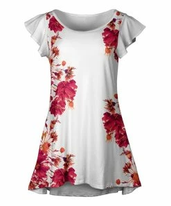 Lily | White & Red Floral Flutter-Sleeve Hi-Low Tunic - Women & Plus