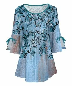 Lily | Blue & Black Floral Swirl Bow-Accent Three-Quarter Sleeve Tunic - Women & Plus