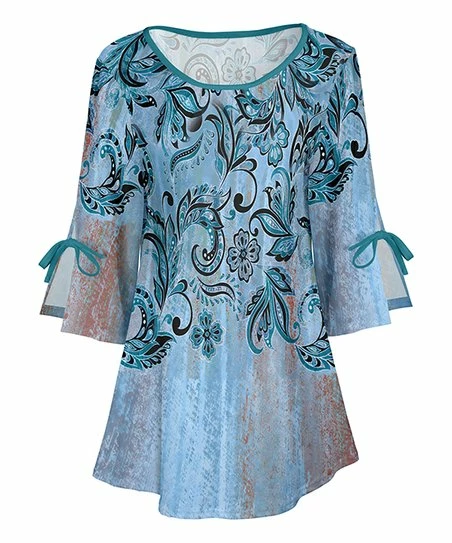 Lily | Blue & Black Floral Swirl Bow-Accent Three-Quarter Sleeve Tunic - Women & Plus 1 Lily | Blue & Black Floral Swirl Bow-Accent Three-Quarter Sleeve Tunic - Women & Plus