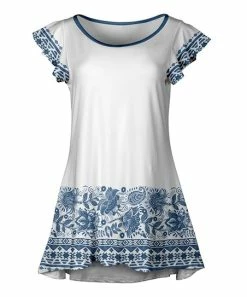 Lily | White & Blue Floral Stripe Flutter-Sleeve Hi-Low Tunic - Women & Plus