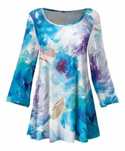 Lily | Blue & Purple Watercolor Floral Pleated Scoop-Neck Tunic - Women & Plus