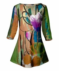 Lily | Green & Brown Abstract Floral Three-Quarter Sleeve Tunic - Women & Plus