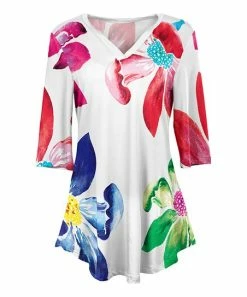 Lily | White & Pink Floral V-Neck Three-Quarter Sleeve Tunic - Women & Plus