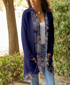 Lily | Navy & Beige Paisley Contrast Pocket Open Cardigan - Women & Plus