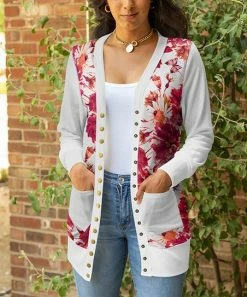Lily | White & Red Floral Button-Up Cardigan - Women & Plus