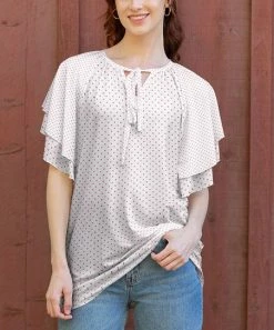 Lily | White & Rose Polka Dot Ruffle-Sleeve Tie-Front Tunic - Women & Plus
