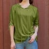 Lily | Olive Green Ruffle-Collar Drawstring Tie-Sleeve Tunic - Women & Plus