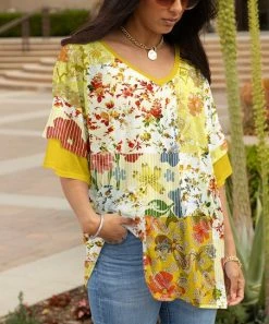 Lily | Yellow & Cream Floral Patchwork Layered-Sleeve V-Neck Tunic - Women & Plus