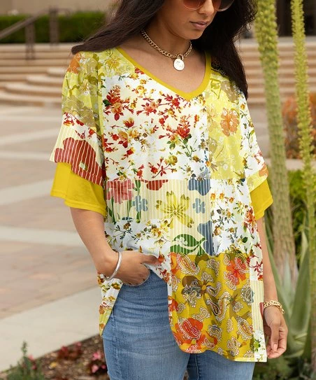 Lily | Yellow & Cream Floral Patchwork Layered-Sleeve V-Neck Tunic - Women & Plus 1 Lily | Yellow & Cream Floral Patchwork Layered-Sleeve V-Neck Tunic - Women & Plus