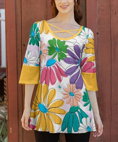 Lily | Yellow & Green Floral Crisscross-Accent Trumpet-Sleeve Tunic - Women & Plus 1 Lily | Yellow & Green Floral Crisscross-Accent Trumpet-Sleeve Tunic - Women & Plus