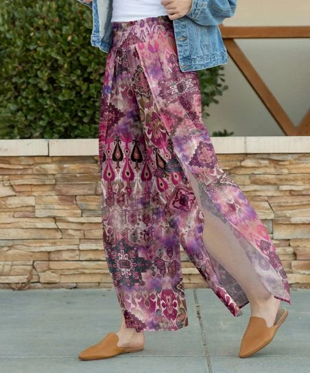 Lily | Mauve & Purple Geometric Split-Leg Palazzo Pants - Women & Plus 1 Lily | Mauve & Purple Geometric Split-Leg Palazzo Pants - Women & Plus
