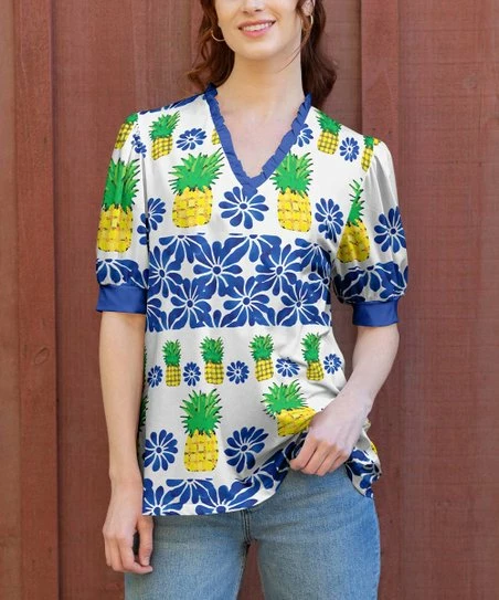 Lily | White & Blue Floral Pineapple Half-Sleeve V-Neck Tunic - Women & Plus 1 Lily | White & Blue Floral Pineapple Half-Sleeve V-Neck Tunic - Women & Plus