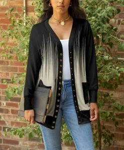 Lily | Black & Cream Abstract Pocket Snap-Up Cardigan - Women & Plus
