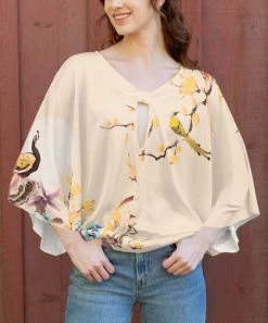 Lily | Cream & Yellow Bird Cape-Sleeve Keyhole Tunic - Women & Plus