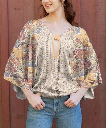 Lily | Gold & Orange Geometric Cape-Sleeve Keyhole Tunic - Women & Plus 1 Lily | Gold & Orange Geometric Cape-Sleeve Keyhole Tunic - Women & Plus