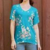 Lily | Aqua & Pink Floral Short Sleeve V-Neck Top - Women & Plus